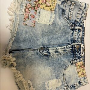 Almost Famous Light Blue Distressed Denim Shorts with Floral Patches